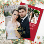 Tarjeta Festiva Con Relieve Metalizado Casado Merry Recién Matados Primeros Navidades Fot<br><div class="desc">Esta tarjeta de felicitación de 2 fotos de nuestro Relieve metalizado de 2 con corazones de nuestro primer personalizado navideño y casado es la manera perfecta de celebrar la primera Navidad de una pareja recién casada, con su letra limpia y moderna y sus colores clásicos de vacaciones, espacio para dos...</div>