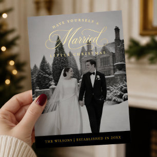 Tarjeta Festiva Con Relieve Metalizado Casados Navidad Pequeña Plaid Búfalo Recién Casado