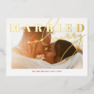 Tarjeta Festiva Con Relieve Metalizado Casados y alegres Foto de recién casados Navidad O