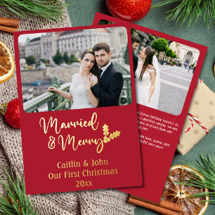 Tarjeta Festiva Con Relieve Metalizado Casados y merry recién casados Primera Navidad Roj