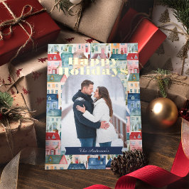 Tarjeta Festiva Con Relieve Metalizado Casas de acuarela de navidades