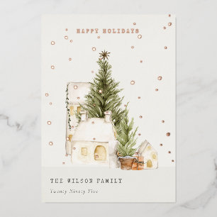 Tarjeta Festiva Con Relieve Metalizado Casas de árbol de nieve blanca Pastel Felicidades 