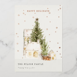 Tarjeta Festiva Con Relieve Metalizado Casas de árbol de nieve blanca Pastel Saludos de t