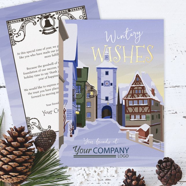 Tarjeta Festiva Con Relieve Metalizado Casco Antiguo, Bavaria Blue, Navidades de la Compa (Nostalgic Light Blue Winter Snow Company Holiday Greeting Cards Rothenburg, German)