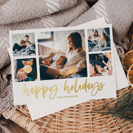 Tarjeta Festiva Con Relieve Metalizado Casual Script Multi Photo Grid | Happy Holidays
