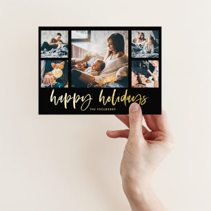 Tarjeta Festiva Con Relieve Metalizado Casual Script Multi Photo Grid   Happy Holidays