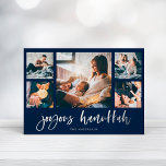 Tarjeta Festiva Con Relieve Metalizado Casual Script Multi Photo Grid | Joyous Hanukkah<br><div class="desc">This simple,  classic silver foil family holiday greeting card features modern,  casual script typography that says "Joyous Hanukkah" on a dark navy blue background,  with a multi photo grid of five photos on the front and one more on the back.</div>