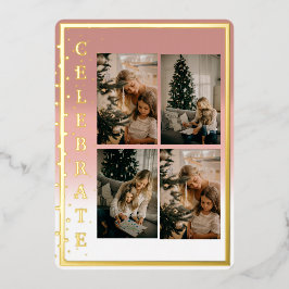 Tarjeta Festiva Con Relieve Metalizado Celebrar Cuatro Fotos Moderno Elegante 