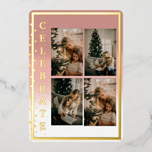 Tarjeta Festiva Con Relieve Metalizado Celebrar Cuatro Fotos Moderno Elegante