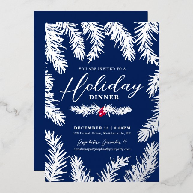 Tarjeta Festiva Con Relieve Metalizado Cena de vacaciones arándano navidad azul (Anverso/Reverso)