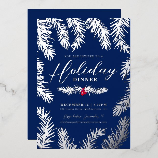 Tarjeta Festiva Con Relieve Metalizado Cena de vacaciones arándano rojo navidad azul (Anverso/Reverso)