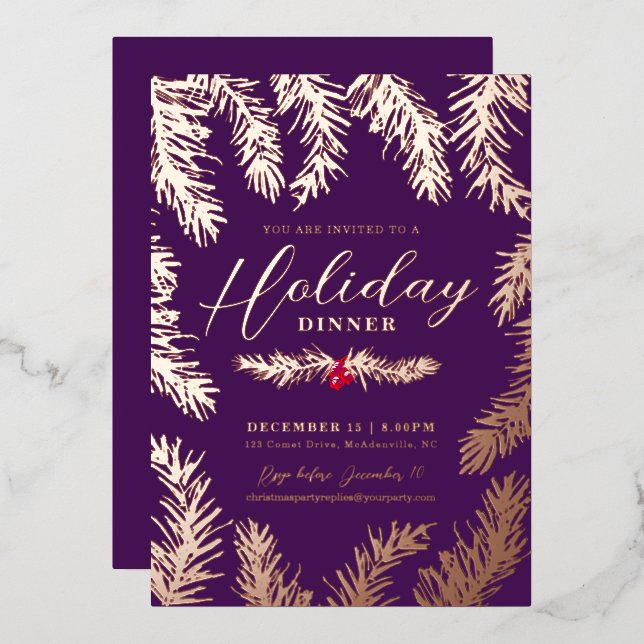 Tarjeta Festiva Con Relieve Metalizado Cena de vacaciones arándano rojo navidad púrpura (Anverso/Reverso)