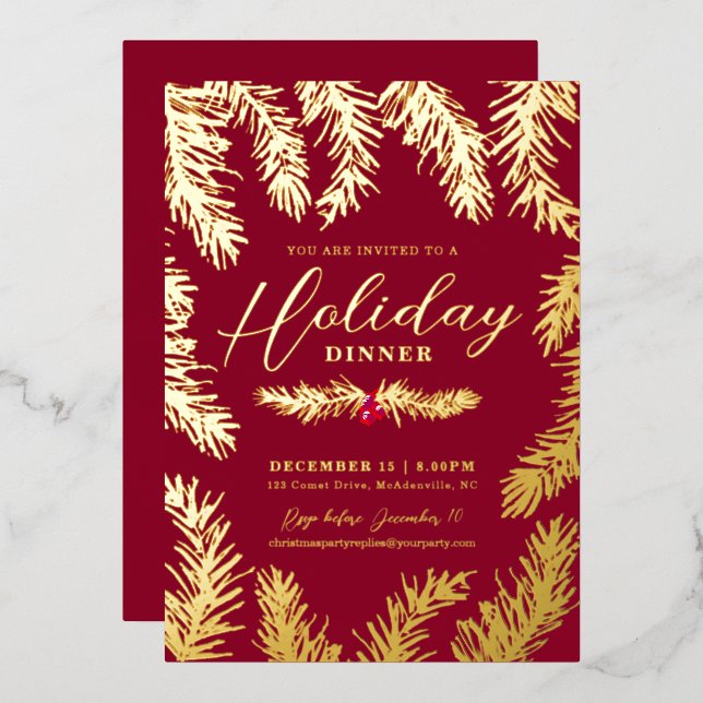 Tarjeta Festiva Con Relieve Metalizado Cena de vacaciones bayas rojas navidad oro (Anverso/Reverso)