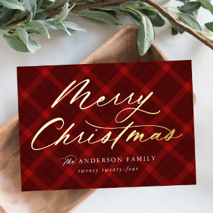 Tarjeta Festiva Con Relieve Metalizado Cepillado Red Plaid Feliz Navidad No Foto
