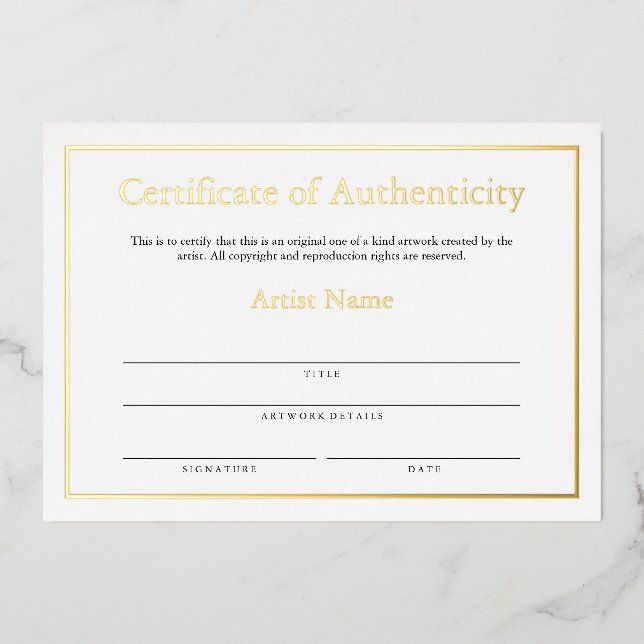 Tarjeta Festiva Con Relieve Metalizado Certificado de autenticidad para el arte (Anverso)