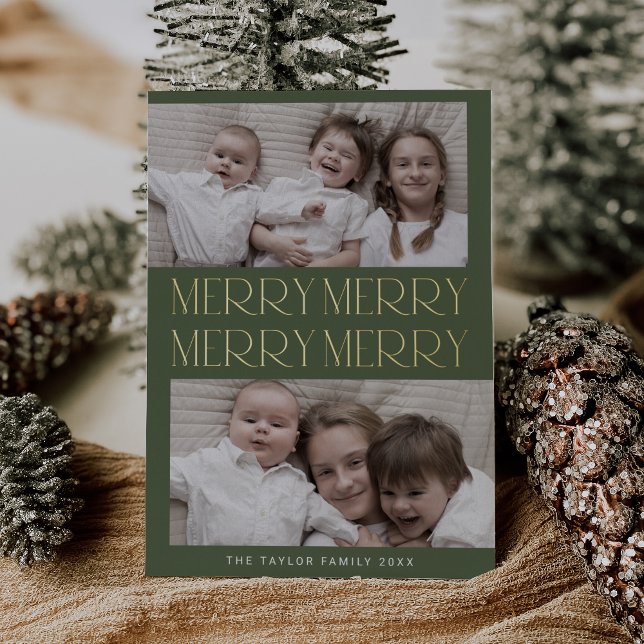 Tarjeta Festiva Con Relieve Metalizado CHARLIE Green Relieve metalizado Foto Diversión Fe (CHARLIE Green Foil Photo Fun Merry Merry Christmas Foil Holiday Card)
