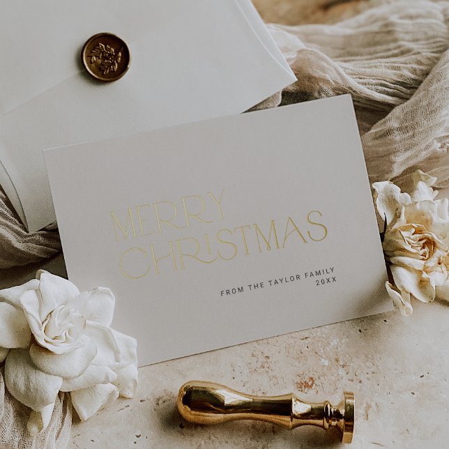 Tarjeta Festiva Con Relieve Metalizado CHARLIE Relieve metalizado dorado Familia Simple F (CHARLIE Gold Foil Simple Family Merry Christmas Foil Holiday Card)