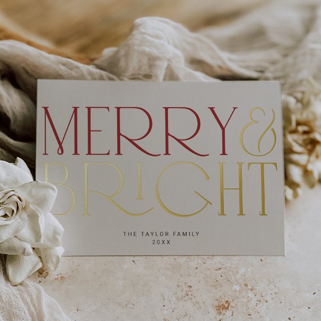 Tarjeta Festiva Con Relieve Metalizado CHARLIE Relieve metalizado dorado Merry Bright Fam (CHARLIE Gold Foil Merry Bright Family Christmas Foil Holiday Card)