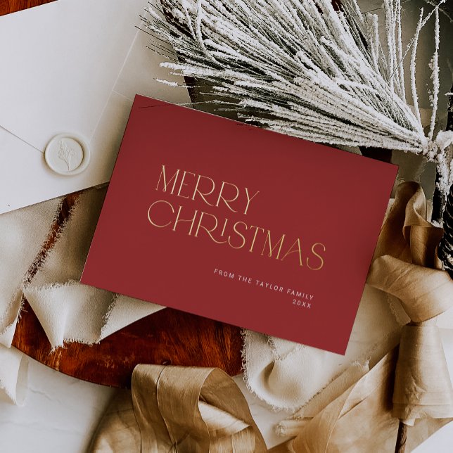 Tarjeta Festiva Con Relieve Metalizado CHARLIE Relieve metalizado Rojo Sencillo Familia F (CHARLIE Red Foil Simple Family Merry Christmas Foil Holiday Card)