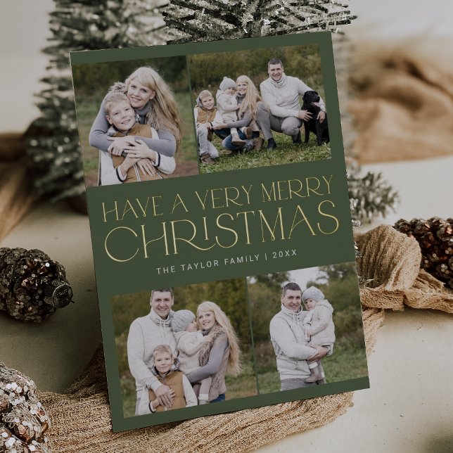 Tarjeta Festiva Con Relieve Metalizado CHARLIE Relieve metalizado Verde Familia Navidades (CHARLIE Green Foil Family Multi Photo Christmas Foil Holiday Card)