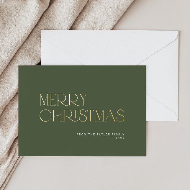 Tarjeta Festiva Con Relieve Metalizado CHARLIE Relieve metalizado Verde Familia simple Fe (CHARLIE Green Foil Simple Family Merry Christmas Foil Holiday Card)