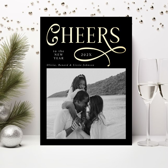 Tarjeta Festiva Con Relieve Metalizado Cheers  Happy New Year Modern Chic Family 2 Photo (Subido por el creador)