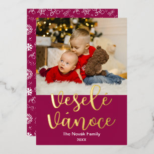 Tarjeta Festiva Con Relieve Metalizado Chequia Feliz Navidad, Veselé Vánoce, elegante