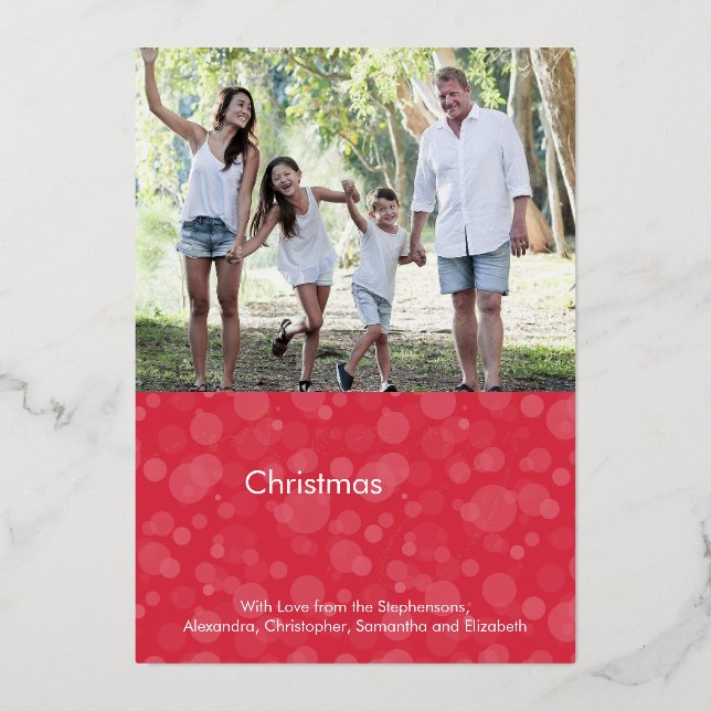 Tarjeta Festiva Con Relieve Metalizado Cherry Red Script Bokeh Merry Christmas Photo Reli (Anverso)
