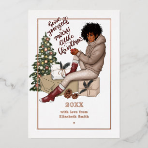 Tarjeta Festiva Con Relieve Metalizado Chic Ébano Feliz Pequeña Navidad