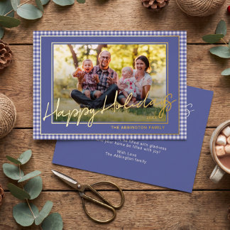 Tarjeta Festiva Con Relieve Metalizado Chic Gingham Oro Lámina Felices Fiestas Foto Famil