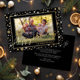 Tarjeta Festiva Con Relieve Metalizado Chic Gold Foil On Black Holiday Family Photo Card