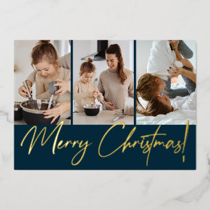 Tarjeta Festiva Con Relieve Metalizado Chic Moderno Feliz Navidad Foto Azul Marino