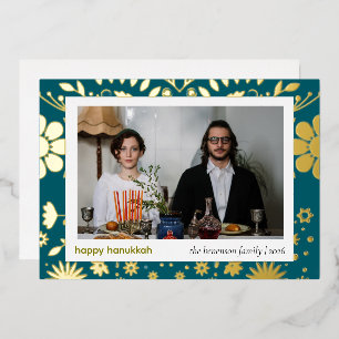 Tarjeta Festiva Con Relieve Metalizado Chic Moderno Folclórico Floral 1 Foto Feliz Janucá