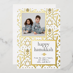 Tarjeta Festiva Con Relieve Metalizado Chic Moderno Folclórico Floral 1 Foto Feliz Janucá