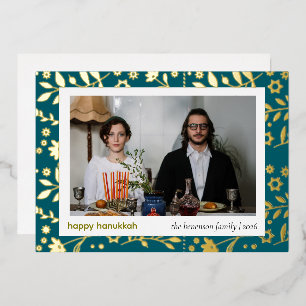 Tarjeta Festiva Con Relieve Metalizado Chic Moderno Folclórico Floral 1 Foto Feliz Janucá