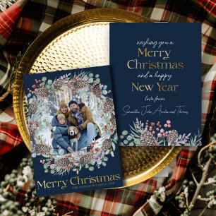 Tarjeta Festiva Con Relieve Metalizado Chic Oro Real y Botánico Feliz Navidad
