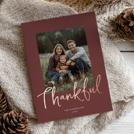Tarjeta Festiva Con Relieve Metalizado Chic Script Thanksgiving Photo Burgundy Rose Gold