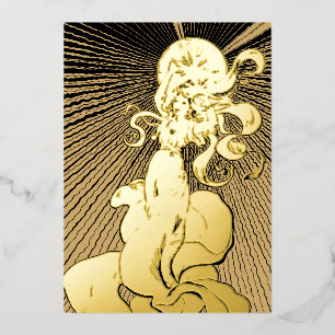 Tarjeta Festiva Con Relieve Metalizado Chica Art Nouveau Con Estrella Brillante