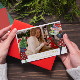 Tarjeta Festiva Con Relieve Metalizado Chica Festiva Ilustración de Navidad con Foto Rojo