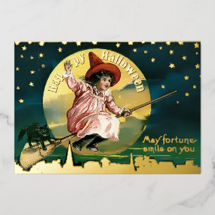 Tarjeta Festiva Con Relieve Metalizado Chica y gato negro vintage en Halloween en la sala