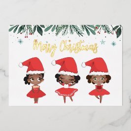Tarjeta Festiva Con Relieve Metalizado Chicas negros Navidades Santa Hat Ballerinas