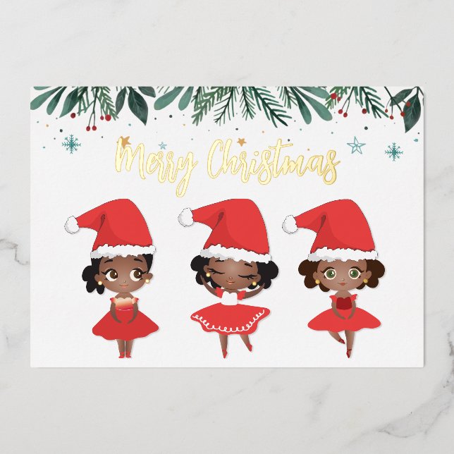 Tarjeta Festiva Con Relieve Metalizado Chicas negros Navidades Santa Hat Ballerinas (Anverso)