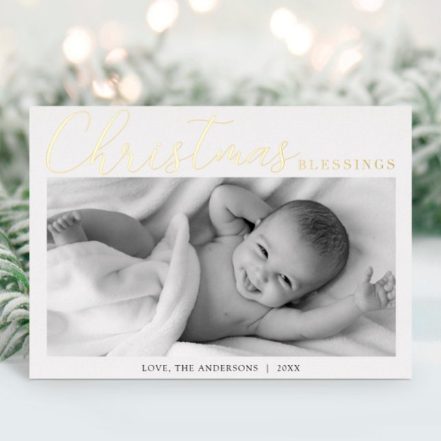 Tarjeta Festiva Con Relieve Metalizado Christmas Blessings gold foil newborn baby photo (Subido por el creador)