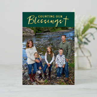 Tarjeta Festiva Con Relieve Metalizado Christmas Blessings Photo Cross Script Faith Green