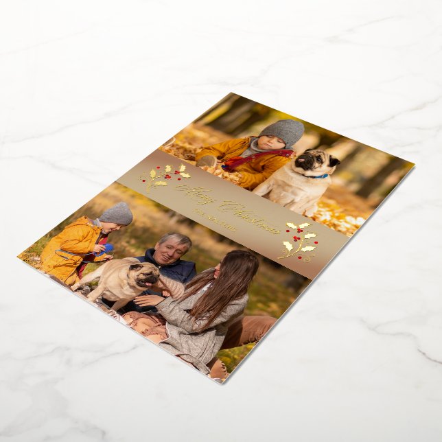 Tarjeta Festiva Con Relieve Metalizado Christmas Botanical Holly Branches Themed Photo (girado)