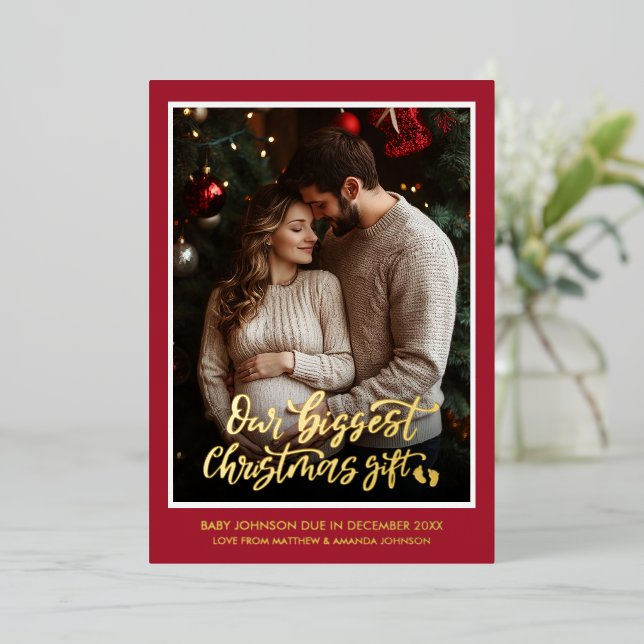 Tarjeta Festiva Con Relieve Metalizado Christmas Gift Pregnancy Photo Announcement  (Anverso de pie)