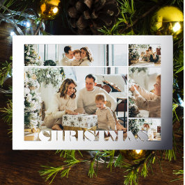 Tarjeta Festiva Con Relieve Metalizado Christmas Modern Letters Five Photos Family Silver