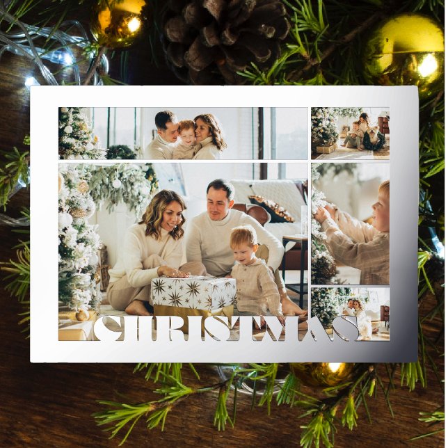 Tarjeta Festiva Con Relieve Metalizado Christmas Modern Letters Five Photos Family Silver (Subido por el creador)