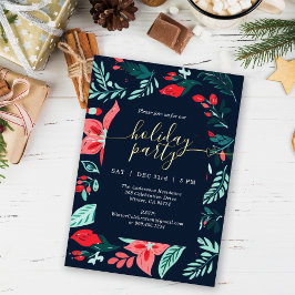 Tarjeta Festiva Con Relieve Metalizado Christmas Party Botanical Red Floral Blue 