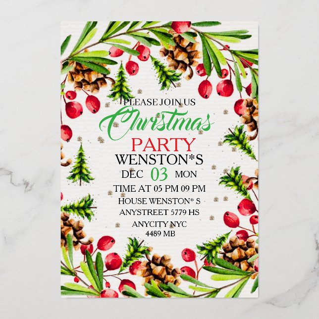 Tarjeta Festiva Con Relieve Metalizado Christmas Party Invitation Template | Elegant Holi (Anverso)